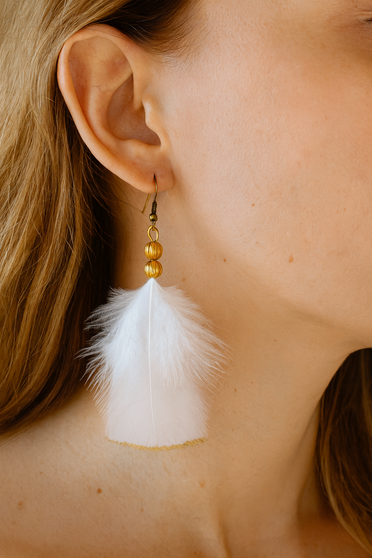 Feather Earrings 3 inch White with bright gold edging