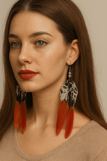 AI model with straight brown hair wearing handmade feather earrings
