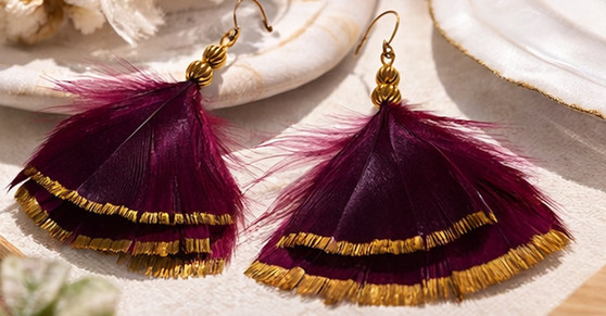 3 Inch Handmade Burgundy Feather Earrings display B