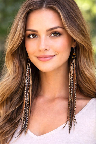 Handmade Feather Earrings Long Feather earrings– 9 Inch Natural Mix with Tiger Eye Gemstones front