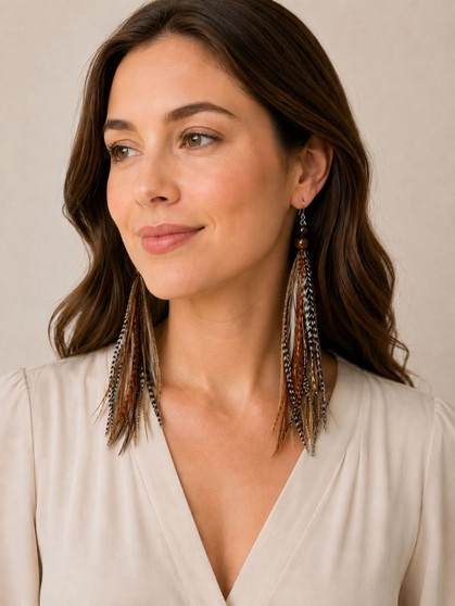 Feather earrings 6 inch natural mix with tiger eye gemstones