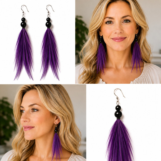 Purple feather earrings four inch featuring polished black onyx beads. The vivid purple feathers create beautiful movement while the glossy black gemstones provide a striking contrast