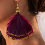 Feather Earrings   3 Inch Burgundy with gold edging close up