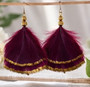 Feather Earrings   3 Inch Burgundy with gold edging on satin