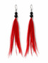 Handmade 4-inch red saddle feather earrings with polished black onyx beads and titanium fishhook ear wires