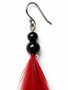 Handmade 4-inch red saddle feather earrings with polished black onyx beads and titanium fishhook ear wires