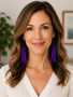Purple feather earrings four inch featuring polished black onyx beads on model front view