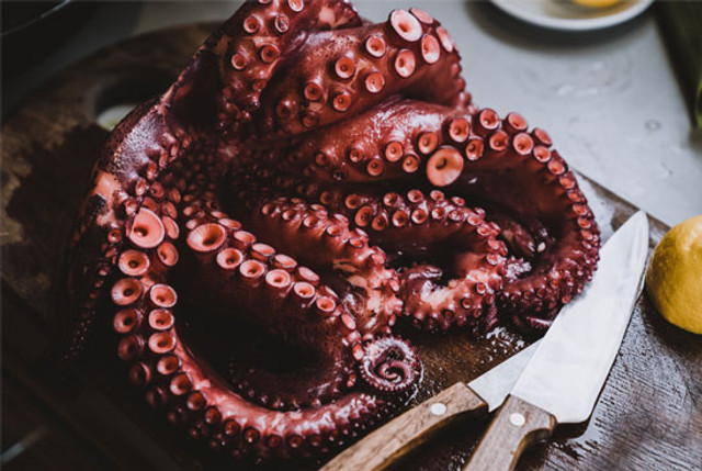 Cooked octopus on a dark wood cutting board laying next to two knives.