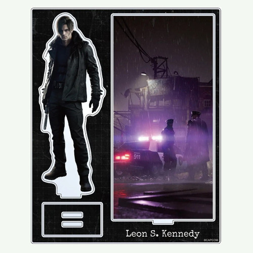 Unassembled Capcom Resident Evil Requiem Leon S. Kennedy acrylic stand sheet showing the pop-out character figure, slot-in display base, and rainy background panel layout.