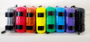 Clear, Red, Orange, Yellow, Green, Blue, Purple, Black Small StashCase in a line from Left to Right