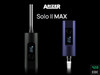 Arizer 2022 Logo centered top in white with Carbon Black Arizer Solo II MAX below on Left and with Mystic Blue on Right.  Carbon Black shown upright with 110mm Clear Aroma Tube deployed while Mystic Blue is inverted with the 14mm Water Pipe Adapter (WPA) inserted and ready.  Solo II MAX logo below Arizer logo with 420EDC logo in gray and green in lower right.  All on black background.