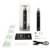 XMax V4 Pro package with included accessories, from top 12 o'clock clockwise:  cardboard display package, XMax V4 Pro device in Black, Dosing Capsule, Screens, Cleaning Tool, Cleaning Brush, USB-A to USB-C charging cable, User Manual, Cotton Swabs, Alcohol Swabs