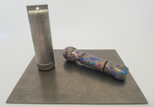 TiFecta:  TiChillum in Stipple TieDye Anodize, TiStash and TiCD.  