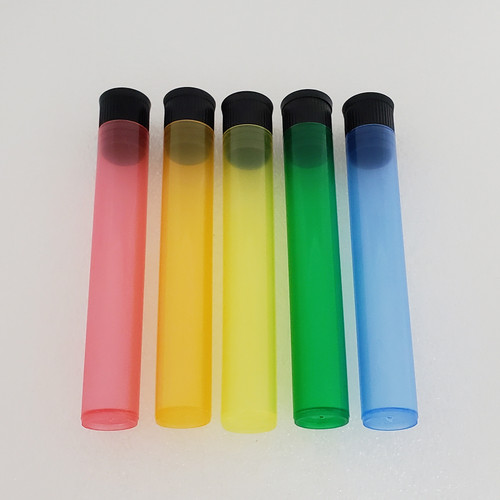 5 Colors of DoobTubes with Black caps on white background.  From Left to Right:
Red
Orange
Yellow
Green
Blue