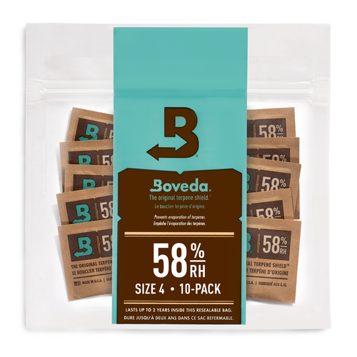 Boveda 58% 10 Pack of Size 4 individually sealed packets on white background.