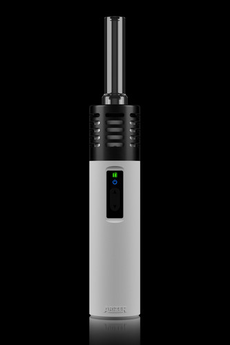 Reefer White Arizer Air SE on black background with device powered on and 70mm Aroma Tube deployed