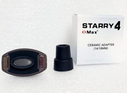 Underside of XMax Starry 4 Ceramic WPA on left with silicone joint cover that creates the seal with what it is mated to with package box on right on white background