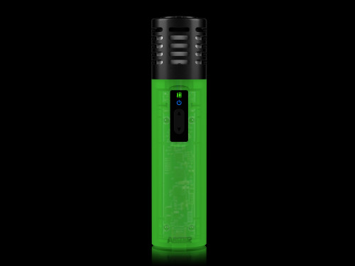 Timewarp Green Arizer Air SE standing on its own without any glassware deployed on black background