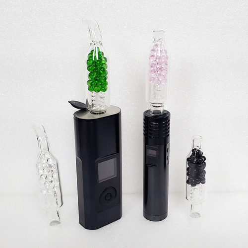 Emerald Curved Mouthpiece 2in1 Pill BotL deployed in Arizer Solo III V2.0 on left with Rose Quartz Straight Mouthpiece Arizer Air MAX on right on white background.  Quartz Curved Mouthpiece variant on far left with Anthracite Straight Mouthpiece on far right next to devices.  