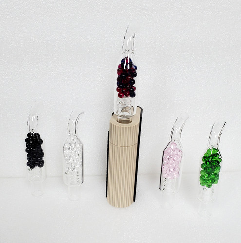 Limelight Frolic with Pirl Pill BotL deployed in device, far left is Antracite then Quartz on left side with Emerald on far right with Rose Quartz on right side.  All on white background