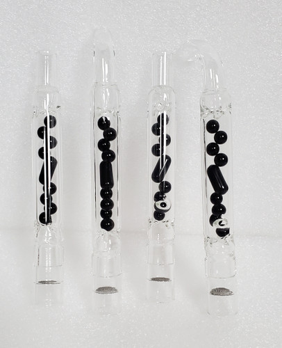 Anthracite variants of 2in1 HiFlo Pill Jam from left to right:  Straight Mouthpiece, Curved Mouthpiece, Straight AirPort Mouthpiece and Curved AirPort Mouthpiece on white background