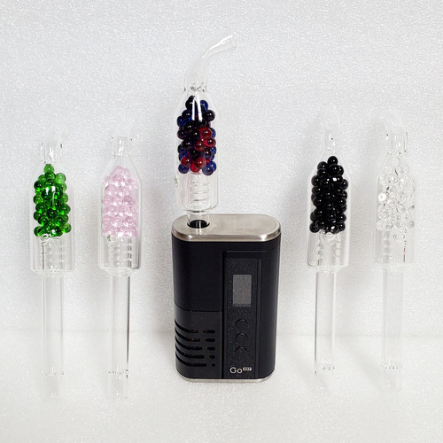 Arizer Go SRT centered top with Pirl Pill BotL variant deployed, from Left to Right Emerald,  Rose Quartz, Quartz and Anthracite variants.  All on white background