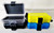 All 4 Colors of Mini StashCase with Clear shown open upper left, Black lower left, Yellow upper right, Blue lower right