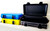 4 Colors of Large StashCase shown with blue in upper left, yellow lower left, Black opened upper right, clear polycarbonate closed underneath in lower right.  