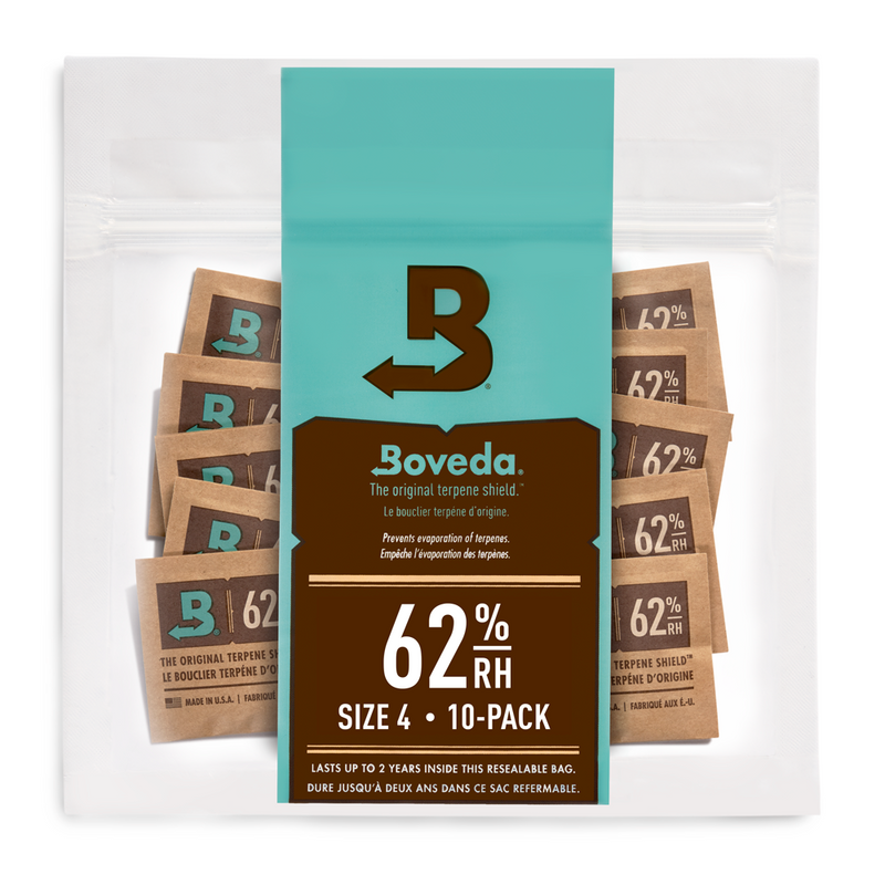 Boveda 62% 10 Pack of Size 4 individually sealed packets on white background.