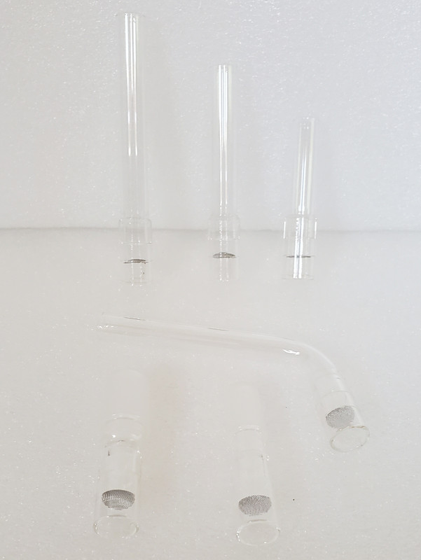 6 XL HiFlo Aroma Tubes for the Arizer Solo/Air Series from Upper Left Clockwise:  110mm, 90mm, 70mm, 110mm Curve, 14mm WPA and 19mm WPA on white background