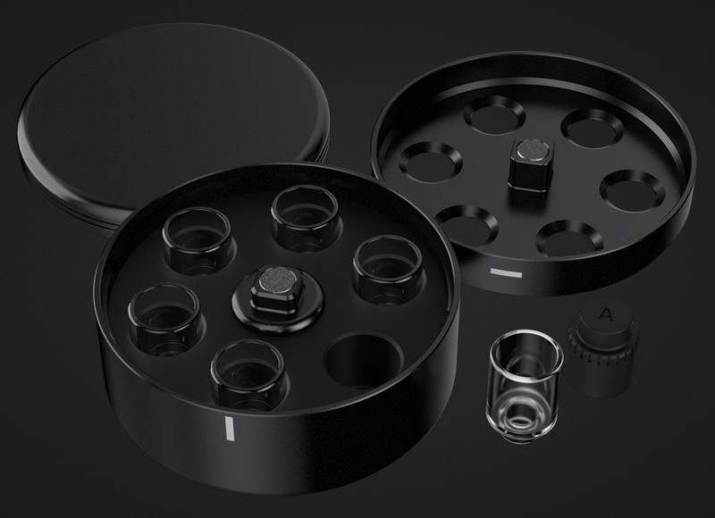 Arizer Go Shell Case designed for the Arizer Go SRT Shell loading option.  Shown on black background separated into three parts.  This is a slightly lower profile compared to the Arizer Herb Mill which the Go Shell Case has been optimized to connect to for grinding on material for rapid deployment of the Go Shells out and about.  