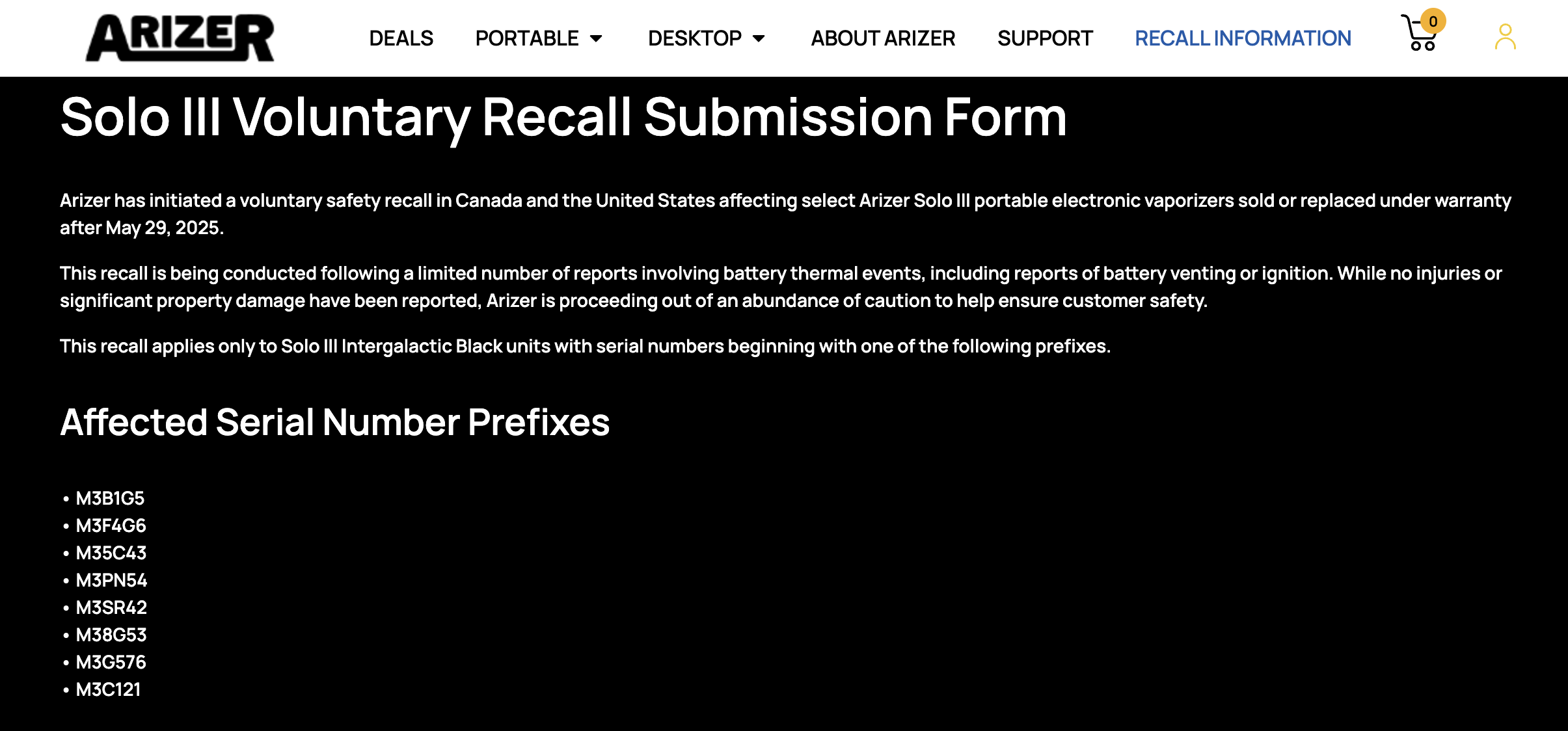 Arizer Solo III Voluntary Recall