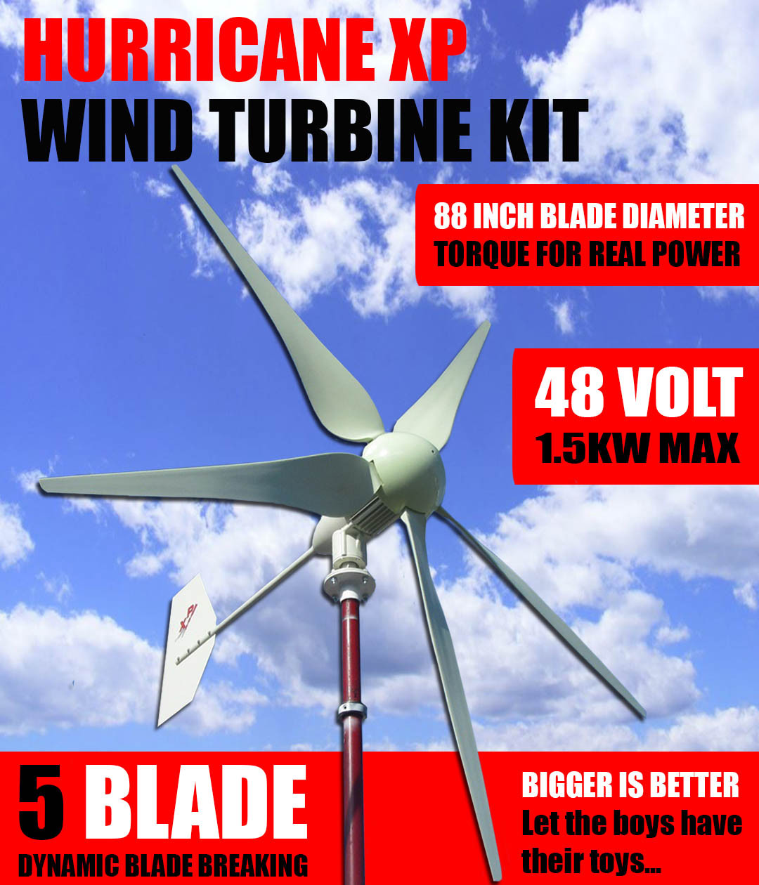 Hurricane XP 48 Volt Wind Turbine Generator Kit 1000 Watt, Max 1500 Watts