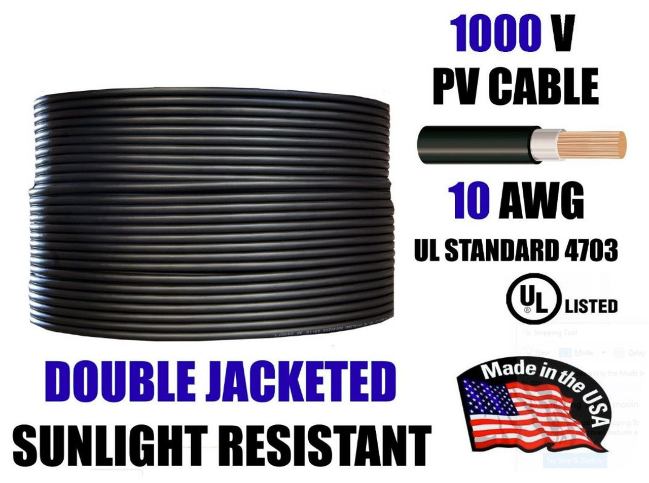 10 AWG Gauge PV Wire 1000V Pre-Cut 5-300 foot for Solar Installation Double Jacketed Copper, Sunlight Resistant, USA Made