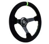 NRG RST-036MB-S-GN - Reinforced Steering Wheel 350mm/3in. Deep Blk Suede/ Neon Green Stitch w/5mm Matte Black Spoke