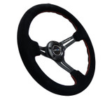 NRG RST-018S-RS - Reinforced Steering Wheel (350mm / 3in. Deep) Blk Suede w/Red Stitching & 5mm Spokes w/Slits