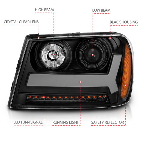 Anzo 111390 - 2006-2009 Chevrolet Trailblazer Projector Headlights w/ Plank Style Design Black w/ Amber