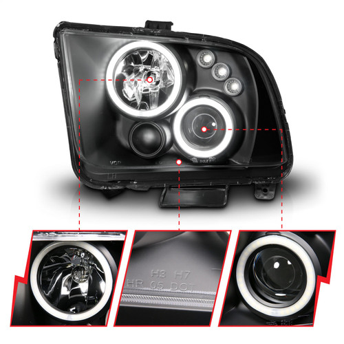 Anzo 121166 - 2005-2009 Ford Mustang Projector Headlights w/ Halo Black
