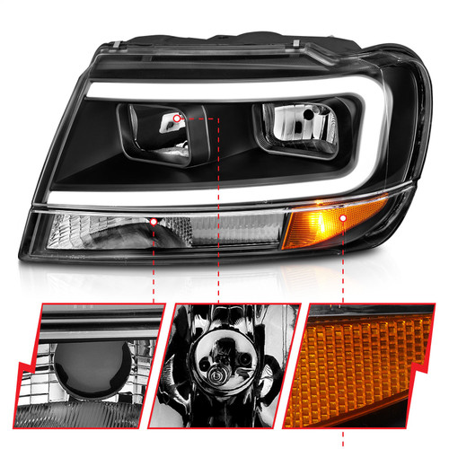 Anzo 111537 - 99-04 Jeep Grand Cherokee Crystal Headlights - w/ Light Bar Black Housing
