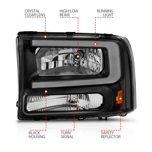 Anzo 111549 - 99-04 Ford F250/F350/F450/Excursion (excl. 99) Crystal Headlights - w/ Light Bar Black Housing