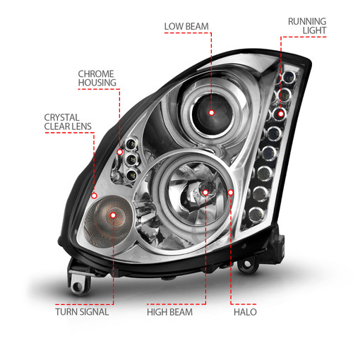 Anzo 121364 - 2003-2007 Infiniti G35 Projector Headlights w/ Halo Chrome (CCFL) (HID Compatible) Anzo 121364 - 2003-2007 Infiniti G35 Projector Headlights w/ Halo Chrome (CCFL) (HID Compatible)
