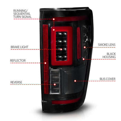 Anzo 311476 - 21-23 Ford F-150 LED Taillights Seq. Signal w/BLIS Cover - Smoke Blk (For Factory Halogen ONLY)