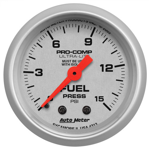 AutoMeter 4313 - Ultra-Lite 2-1/16in 0-15 PSI Mechanical Fuel-Pressure Gauge w/ Isolator