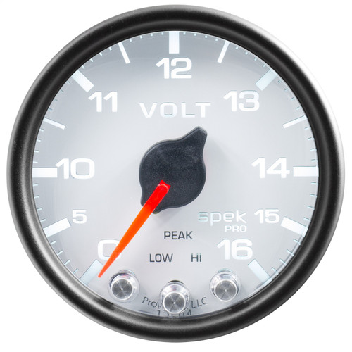 AutoMeter P34412 - Spek-Pro Gauge Voltmeter 2 1/16in 16V Stepper Motor W/Peak & Warn Wht/Blk