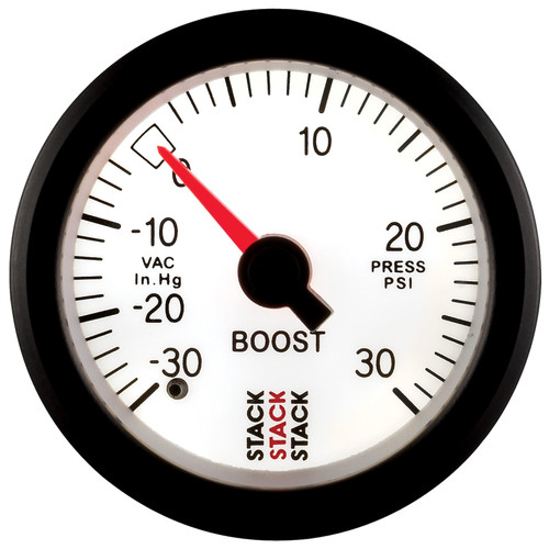 AutoMeter ST3162 - Stack 52mm -30INHG to +30 PSI (Incl T-Fitting) Mechanical Boost Pressure Gauge - White