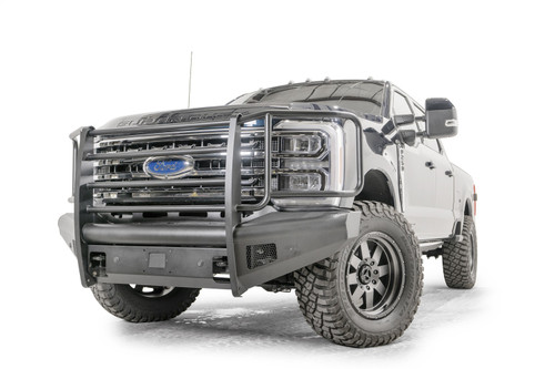 Fab Fours FS23-Q5960-1 - Elite Front Bumper; Black Steel; w/Full Grill Guard; Sensor Compatible; Black Matte;