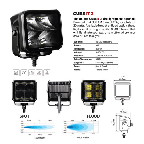 Go Rhino 750200321FCS - Xplor Blackout Series Cube LED Flood Light Kit (Surface/Threaded Stud Mnt) 2x2 - Blk (Pair)