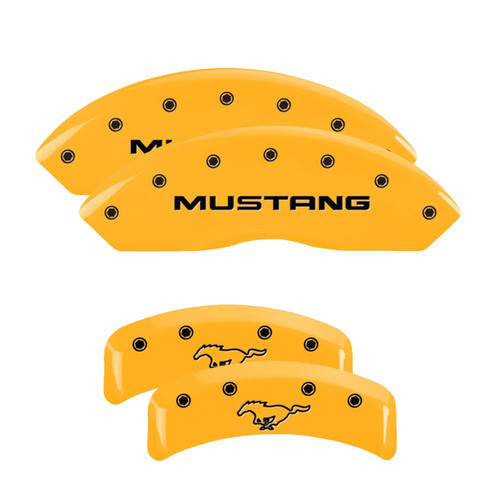 MGP 10095SMPYYL - 4 Caliper Covers Engraved Front Mustang Rear Pony Yellow Finish Black Char 2004 Ford Mustang
