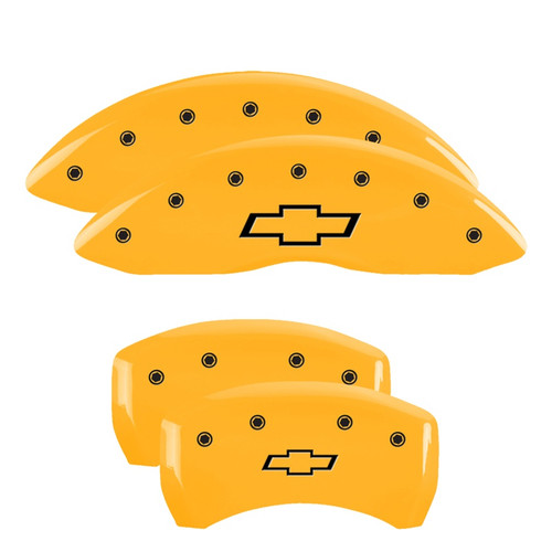 MGP 14027SBOWYL - 4 Caliper Covers Engraved Front & Rear Bowtie Yellow Finish Black Char 2000 Chevrolet Camaro