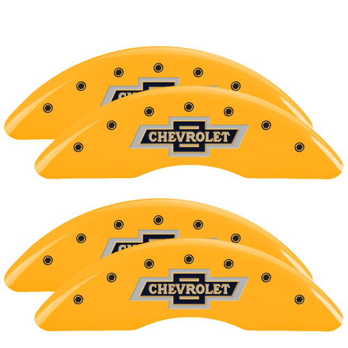 MGP 14173SBANYL - 4 Caliper Covers Engraved F & R 100th Anniv Yellow Finish Black Char 2019 Chevy Silverado 2500HD